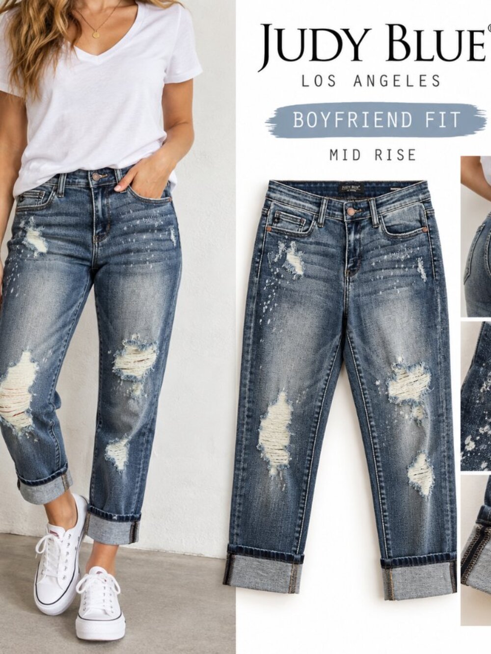 Judy Blue Jeans Women's 7/28 Boyfriend Fit Mid Rise Distressed Cuffed NWT